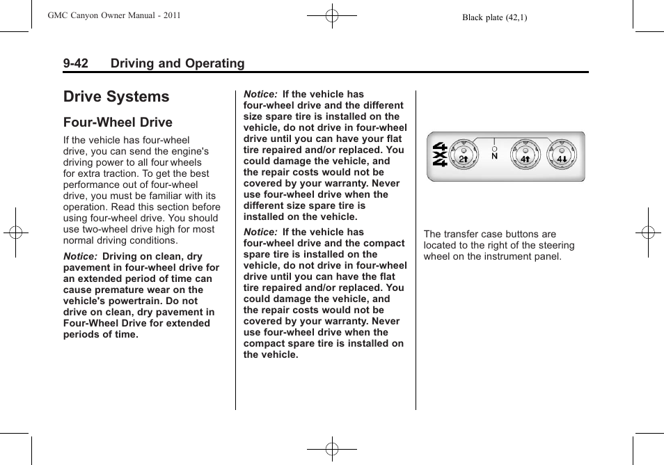 Drive systems, Four-wheel drive, Drive systems -42 | Four-wheel drive -42 | GMC 2011 Canyon User Manual | Page 224 / 406