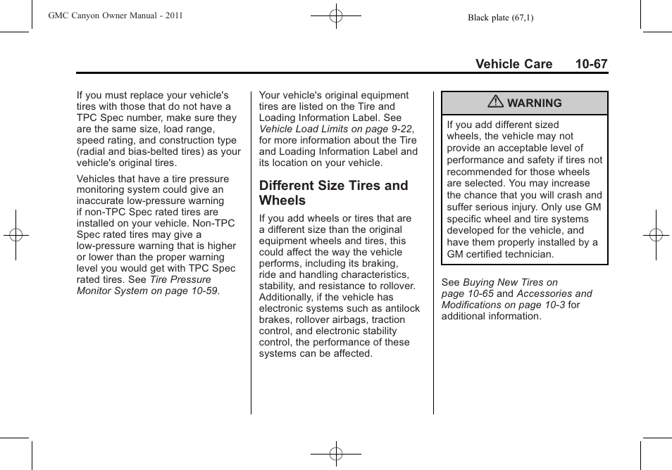 Different size tires and wheels, Different size tires and, Wheels -67 | GMC 2011 Canyon User Manual | Page 319 / 406