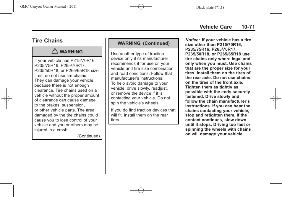 Tire chains, Tire chains -71 | GMC 2011 Canyon User Manual | Page 323 / 406