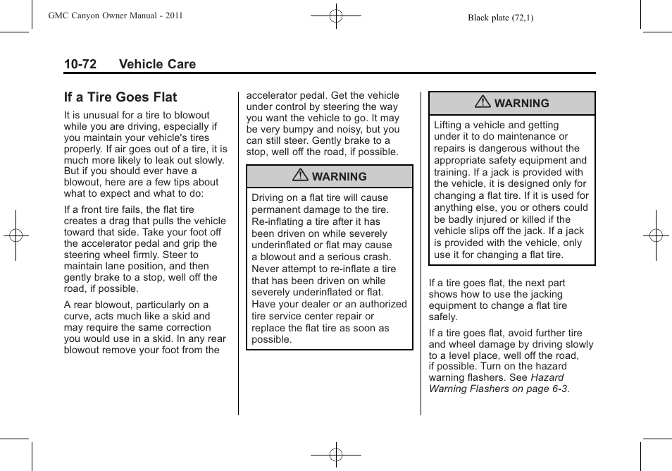 If a tire goes flat, If a tire goes flat -72 | GMC 2011 Canyon User Manual | Page 324 / 406