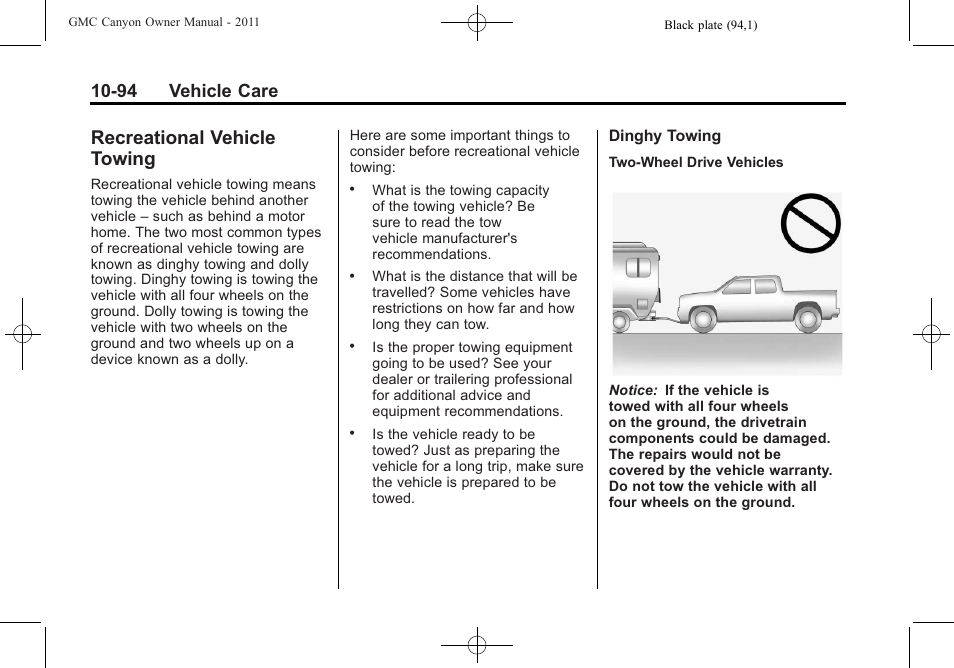 Recreational vehicle towing, Recreational vehicle, Towing -94 | 94 vehicle care | GMC 2011 Canyon User Manual | Page 346 / 406