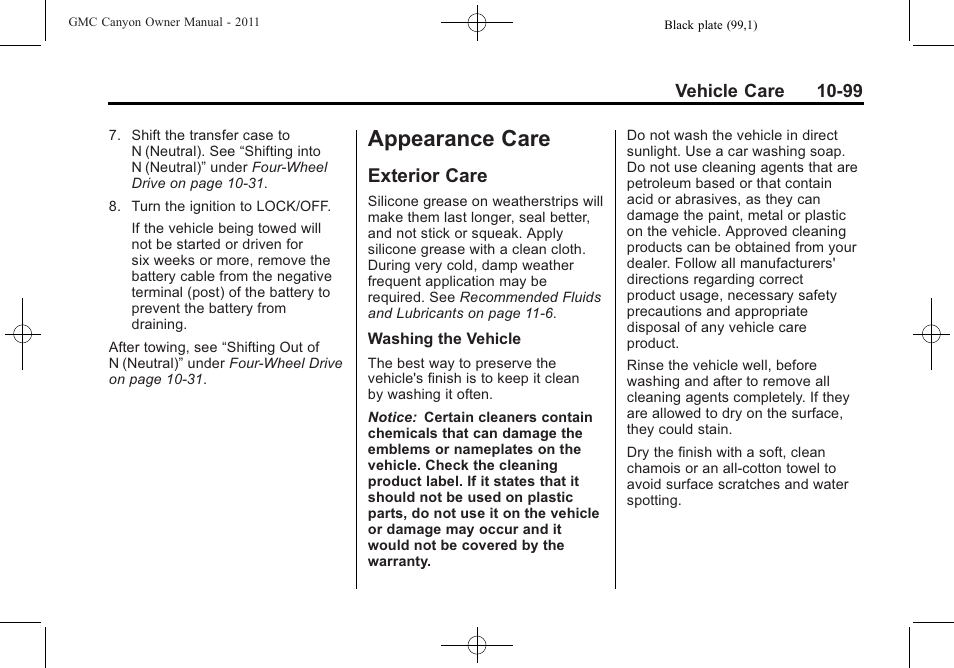 Appearance care, Exterior care, Appearance care -99 | Vehicle data -2, Exterior care -99 | GMC 2011 Canyon User Manual | Page 351 / 406