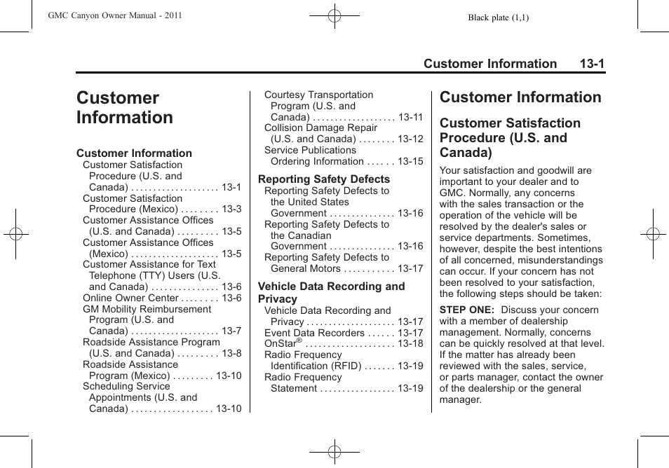 Customer information, Customer satisfaction procedure (u.s. and canada), Customer information -1 | Customer information 13-1 | GMC 2011 Canyon User Manual | Page 375 / 406