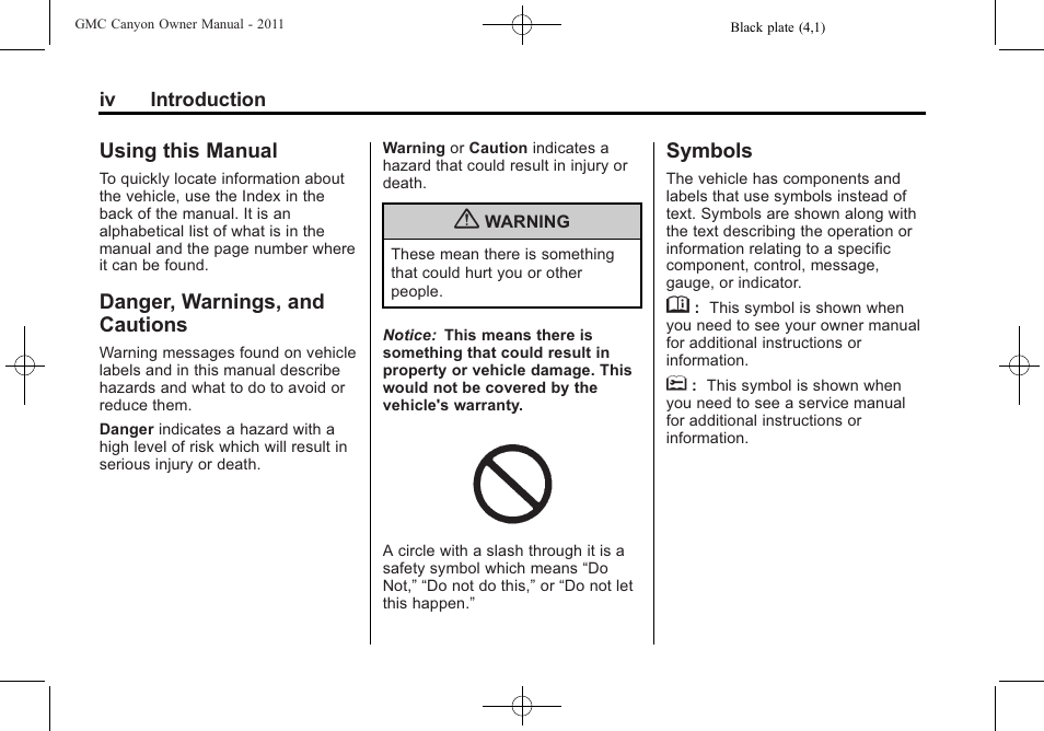 Using this manual, Danger, warnings, and cautions, Symbols | GMC 2011 Canyon User Manual | Page 4 / 406