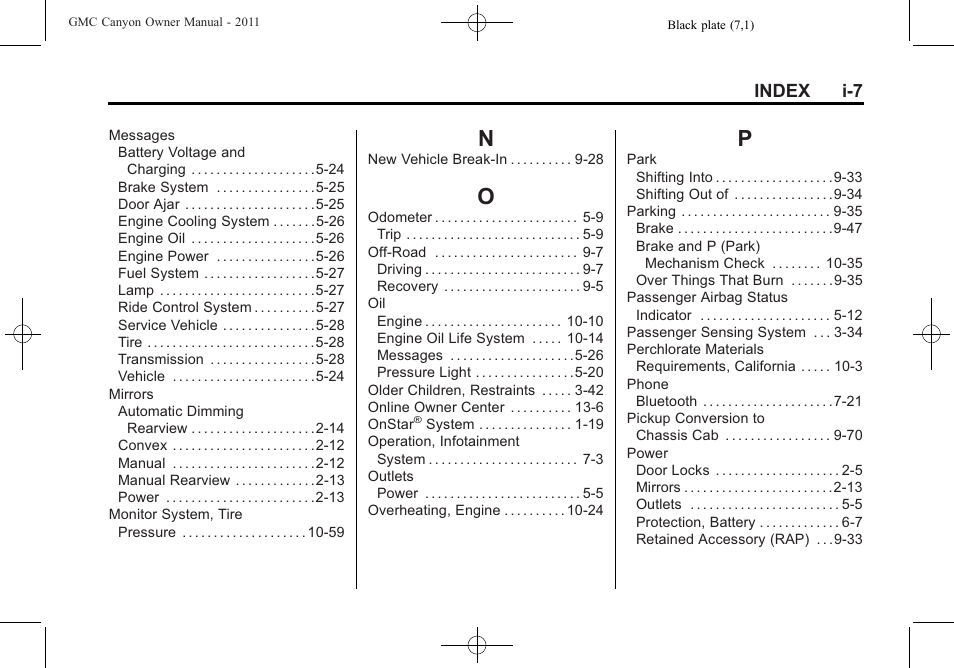 Index_n, Index_o, Index_p | Index i-7 | GMC 2011 Canyon User Manual | Page 401 / 406