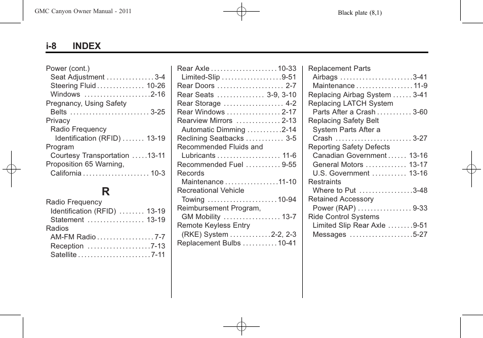 Index_r, I-8 index | GMC 2011 Canyon User Manual | Page 402 / 406