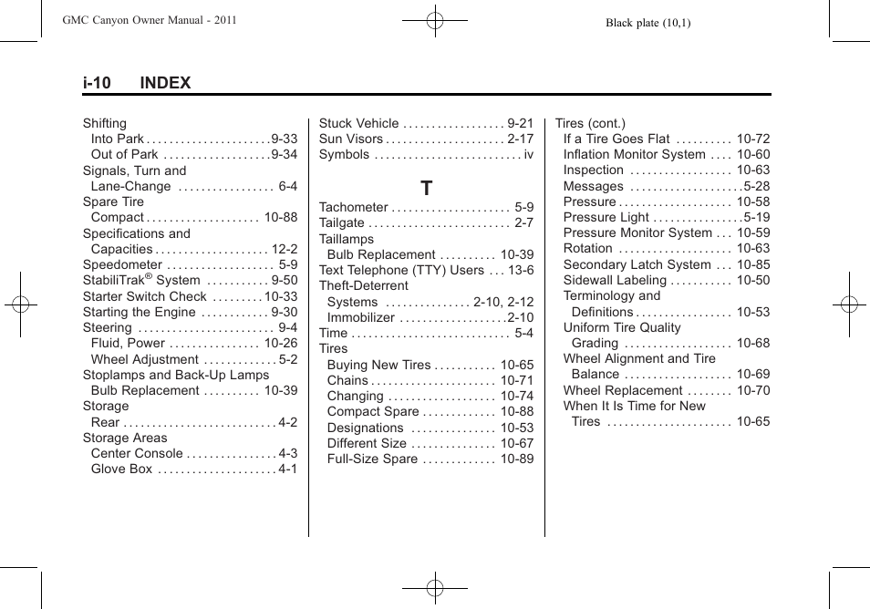 Index_t, I-10 index | GMC 2011 Canyon User Manual | Page 404 / 406