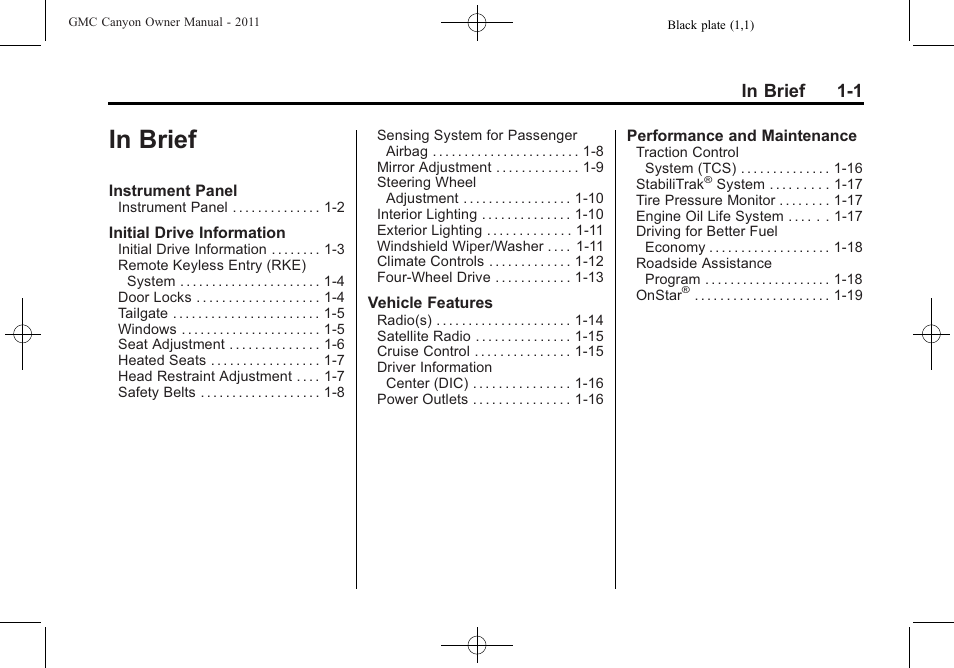 In brief, In brief -1 | GMC 2011 Canyon User Manual | Page 7 / 406