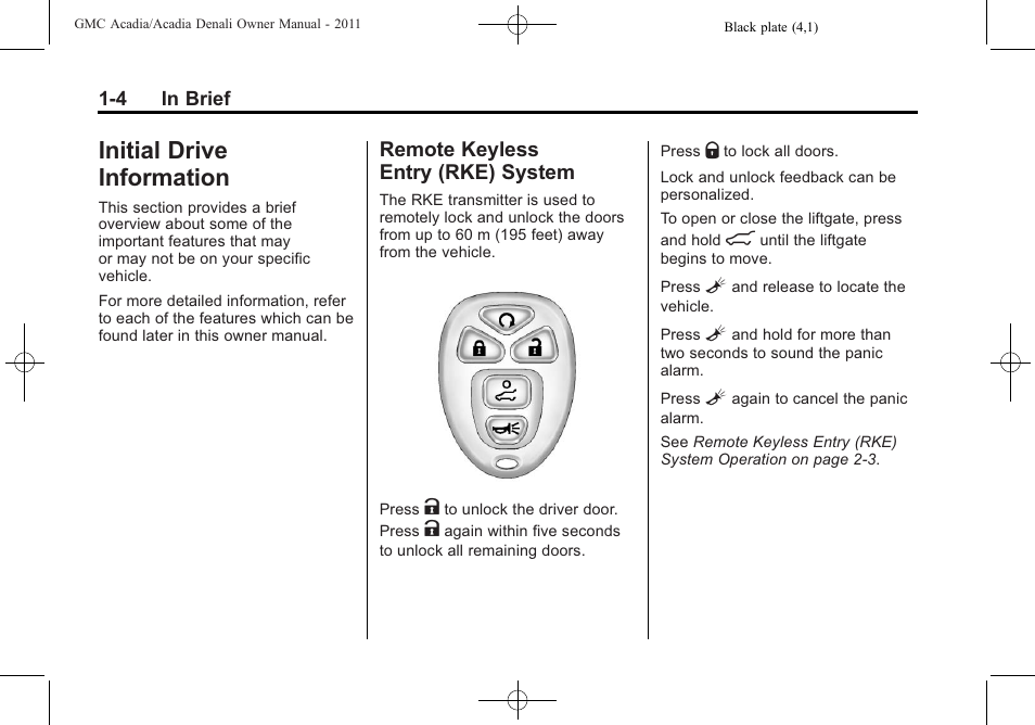 Initial drive information, Remote keyless entry (rke) system, Initial drive information -4 | Additional storage features -3, Air vents, System -4 | GMC 2011 Acadia User Manual | Page 10 / 478