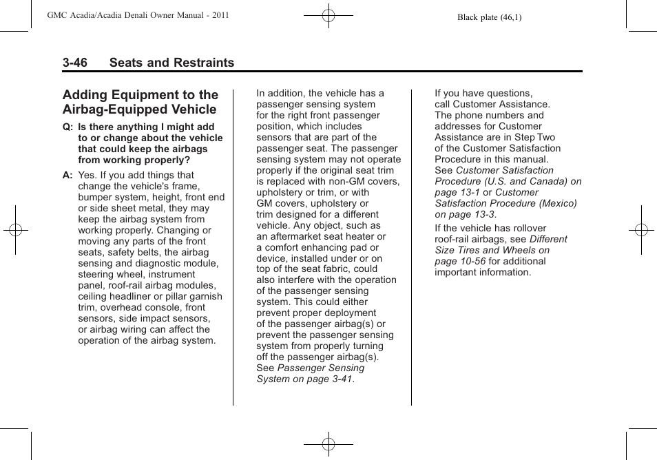 Adding equipment to the airbag-equipped vehicle, Adding equipment to the, Airbag-equipped vehicle -46 | GMC 2011 Acadia User Manual | Page 102 / 478