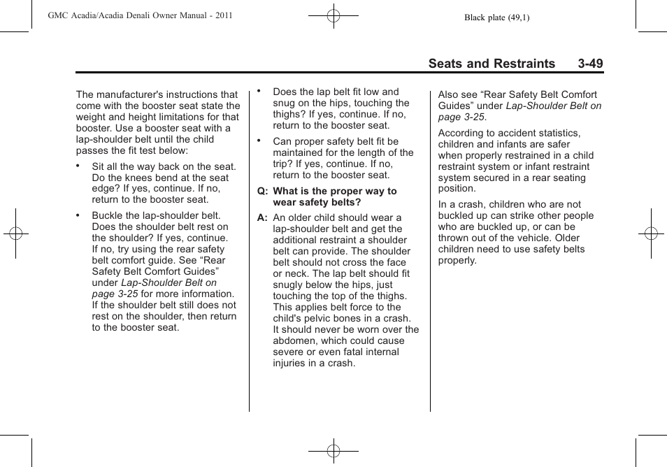 Seats and restraints 3-49 | GMC 2011 Acadia User Manual | Page 105 / 478