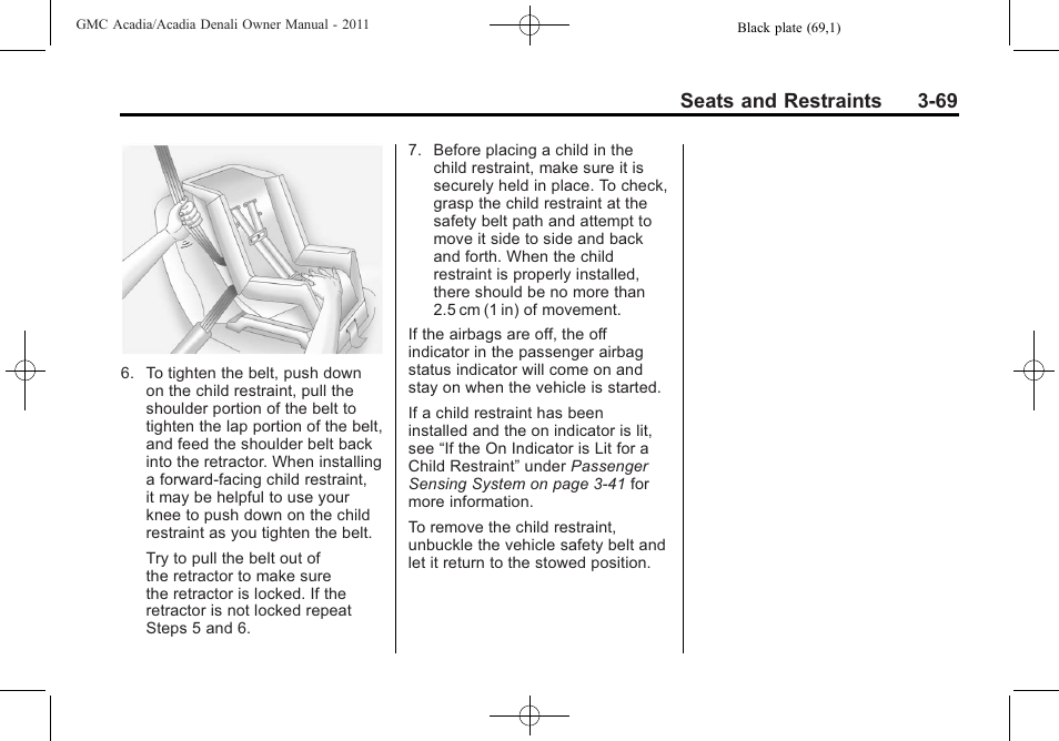 Seats and restraints 3-69 | GMC 2011 Acadia User Manual | Page 125 / 478