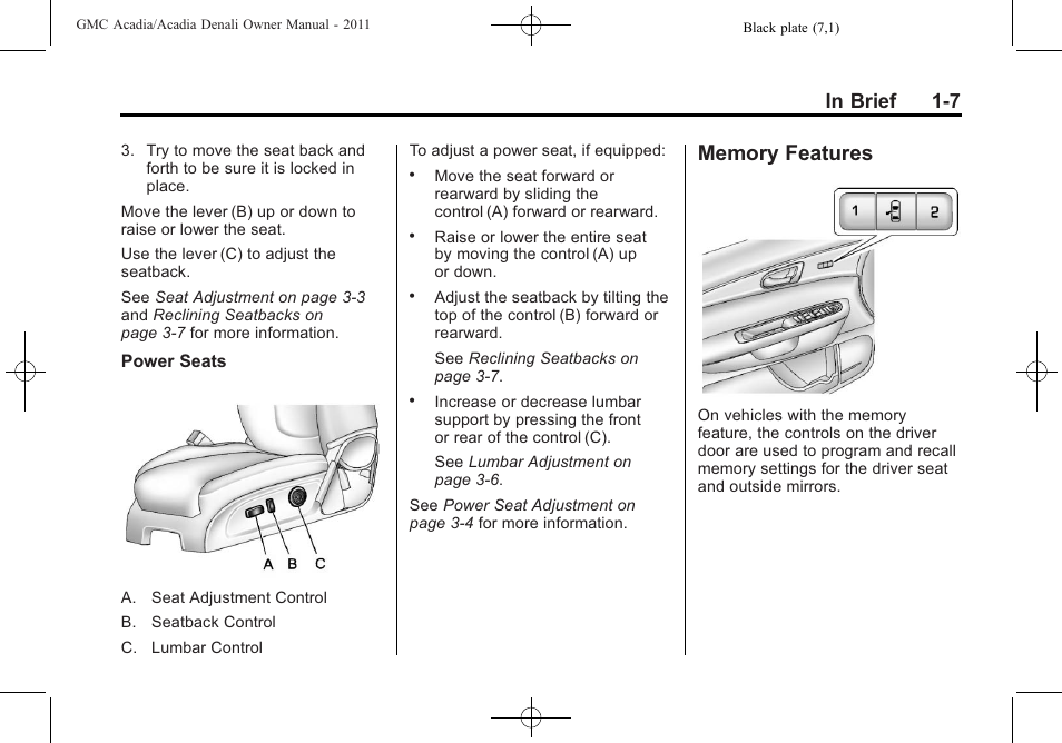 Memory features, Memory features -7 | GMC 2011 Acadia User Manual | Page 13 / 478