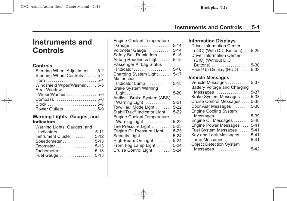 Instruments and controls, Instruments and controls 5-1 | GMC 2011 Acadia User Manual | Page 133 / 478