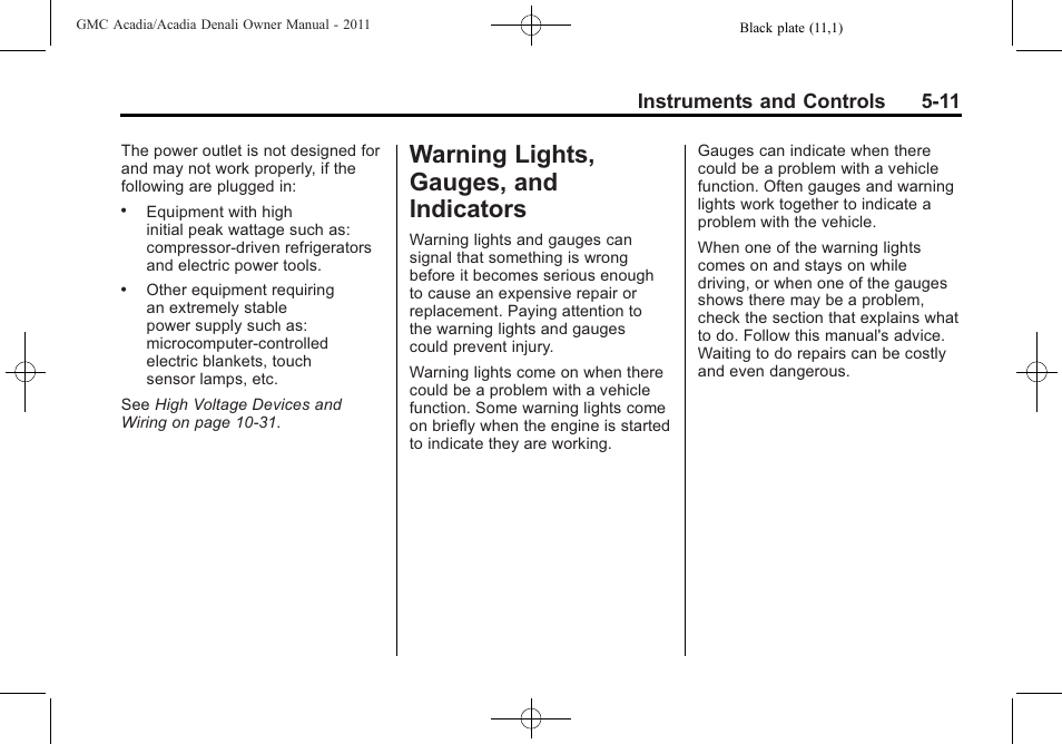 Warning lights, gauges, and indicators, Warning lights, gauges, and, Engine exhaust -24 | Indicators -11, Instruments and controls 5-11 | GMC 2011 Acadia User Manual | Page 143 / 478