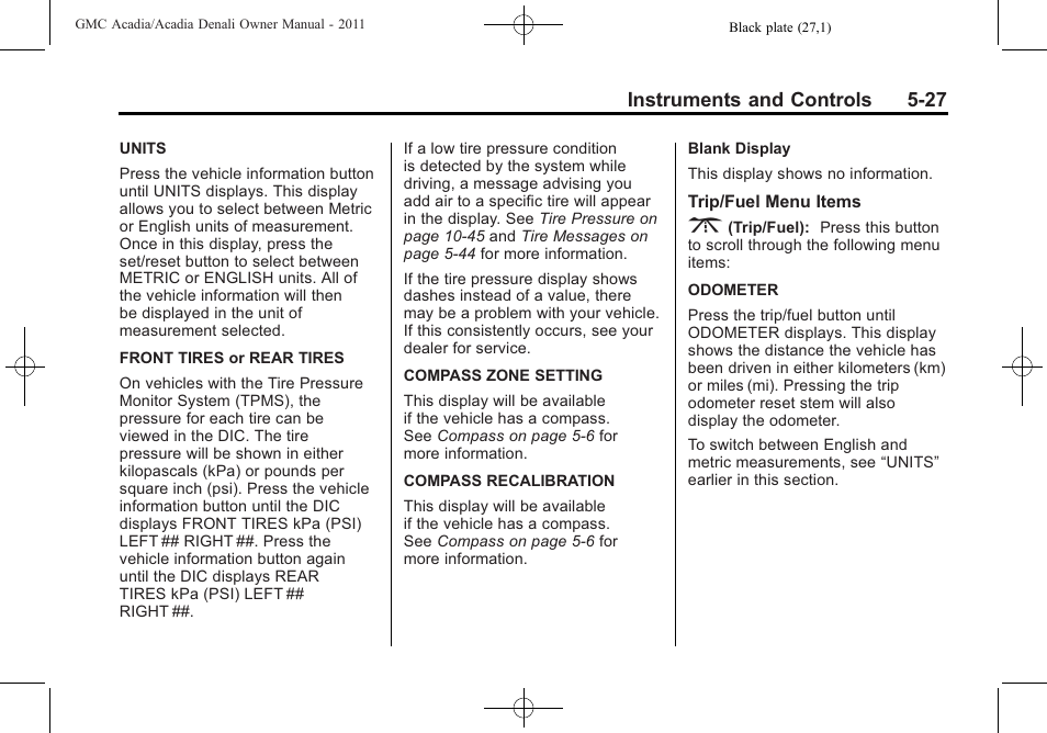 Instruments and controls 5-27 | GMC 2011 Acadia User Manual | Page 159 / 478