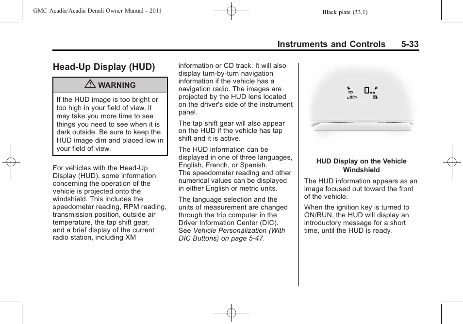 Head-up display (hud), Head-up display (hud) on, Head-up display (hud) -33 | GMC 2011 Acadia User Manual | Page 165 / 478