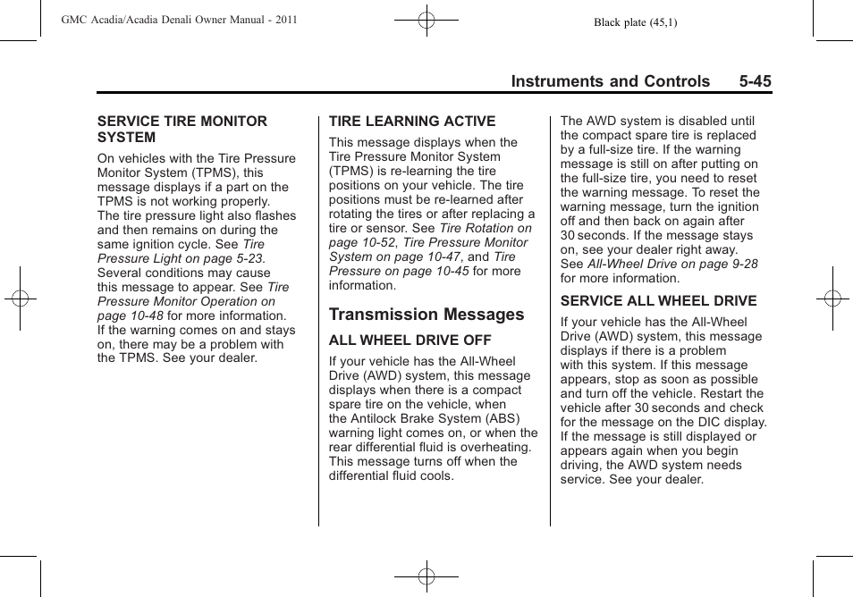 Transmission messages, Transmission messages -45 | GMC 2011 Acadia User Manual | Page 177 / 478