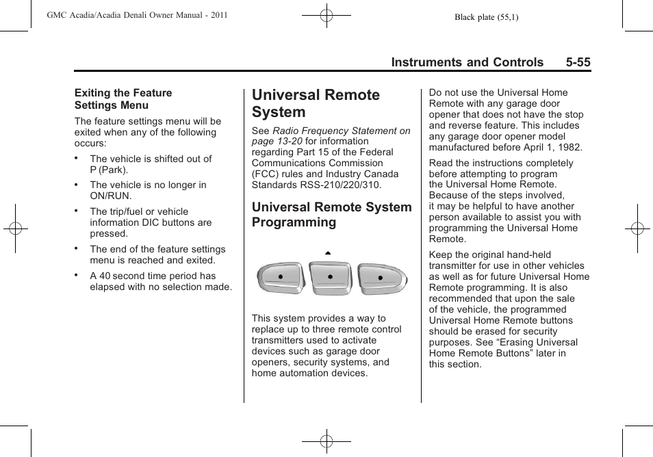 Universal remote system, Universal remote system programming, Remote system -55 | Ride control systems, Programming -55, Instruments and controls 5-55 | GMC 2011 Acadia User Manual | Page 187 / 478