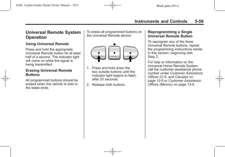 Universal remote system operation, Universal remote system, Operation -59 | GMC 2011 Acadia User Manual | Page 191 / 478