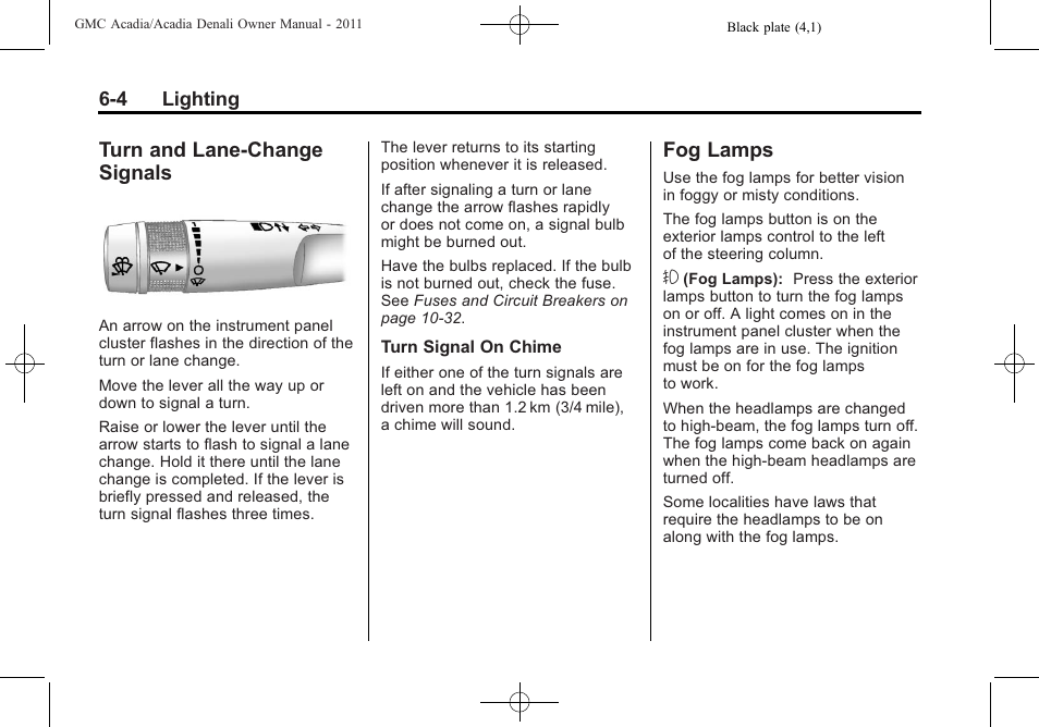 Turn and lane-change signals, Fog lamps, Turn and lane-change | Signals -4, Fog lamps -4 | GMC 2011 Acadia User Manual | Page 196 / 478