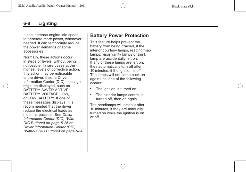 Battery power protection, Battery power protection -8, 8 lighting | GMC 2011 Acadia User Manual | Page 200 / 478