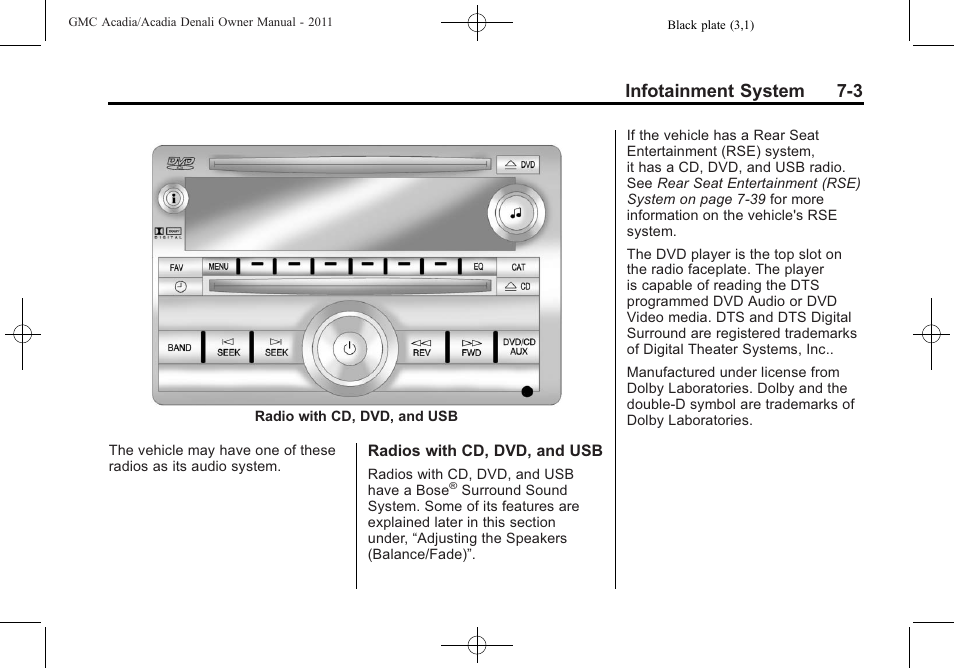 Infotainment system 7-3 | GMC 2011 Acadia User Manual | Page 203 / 478