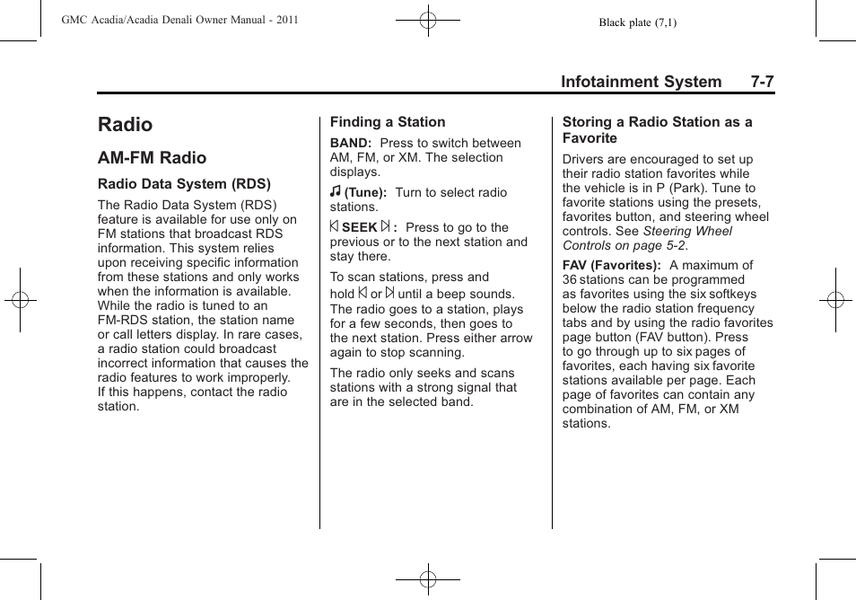 Radio, Am-fm radio, Radio -7 | Vehicle checks, Am-fm radio -7, Rse) | GMC 2011 Acadia User Manual | Page 207 / 478