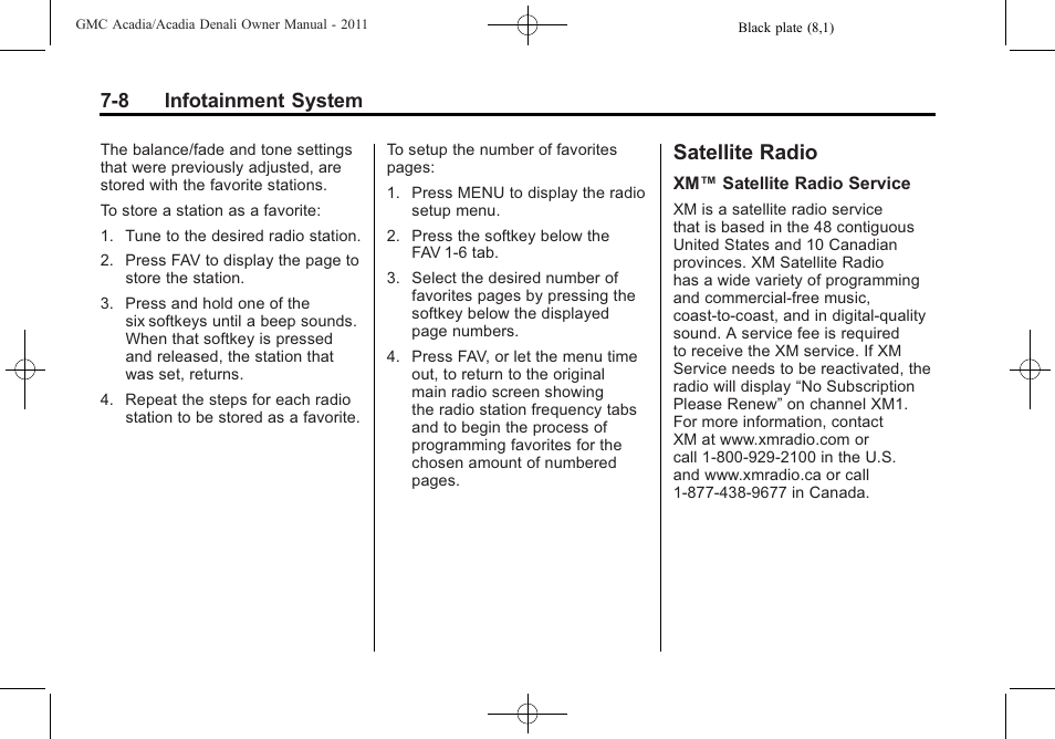 Satellite radio, Satellite radio -8, Rear seat | 8 infotainment system | GMC 2011 Acadia User Manual | Page 208 / 478