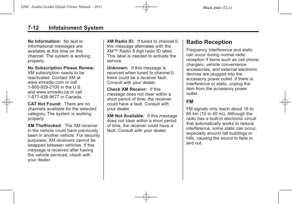 Radio reception, Radio reception -12, System | GMC 2011 Acadia User Manual | Page 212 / 478