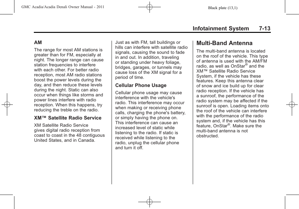 Multi-band antenna, Multi-band antenna -13, Infotainment system 7-13 | GMC 2011 Acadia User Manual | Page 213 / 478