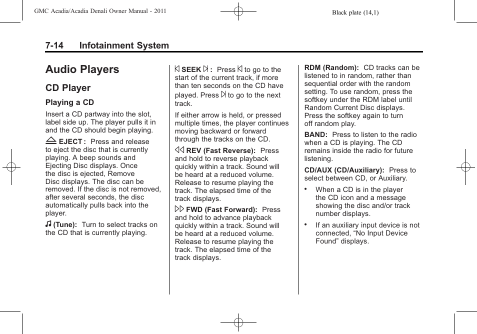 Audio players, Cd player, Audio players -14 | Headlamp aiming -30, Cd player -14 | GMC 2011 Acadia User Manual | Page 214 / 478