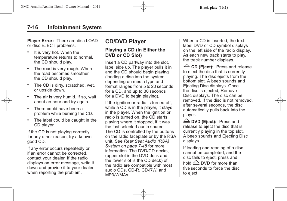 Cd/dvd player, Cd/dvd player -16, 16 infotainment system | GMC 2011 Acadia User Manual | Page 216 / 478