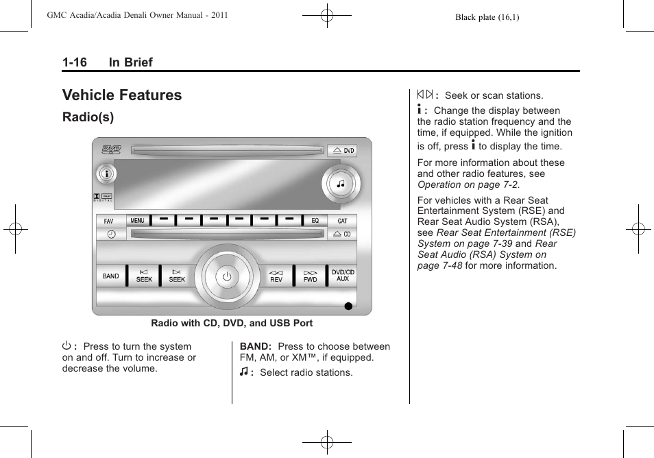 Vehicle features, Radio(s), Vehicle features -16 | Roof rack system, Radio(s) -16, Roadside | GMC 2011 Acadia User Manual | Page 22 / 478