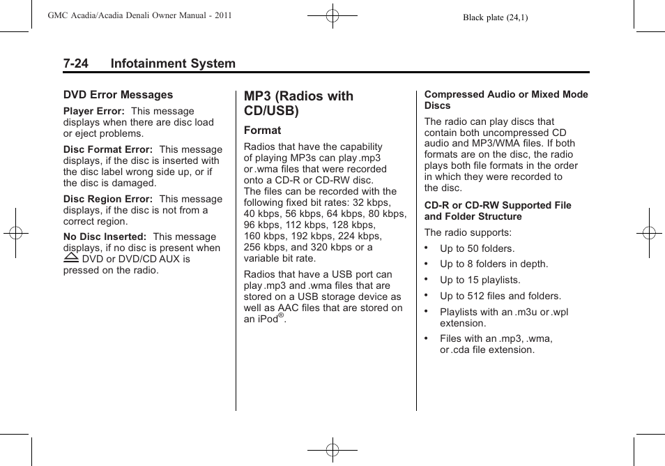 Mp3 (radios with cd/usb), Mp3 (radios with, Cd/usb) -24 | Read the, 24 infotainment system | GMC 2011 Acadia User Manual | Page 224 / 478