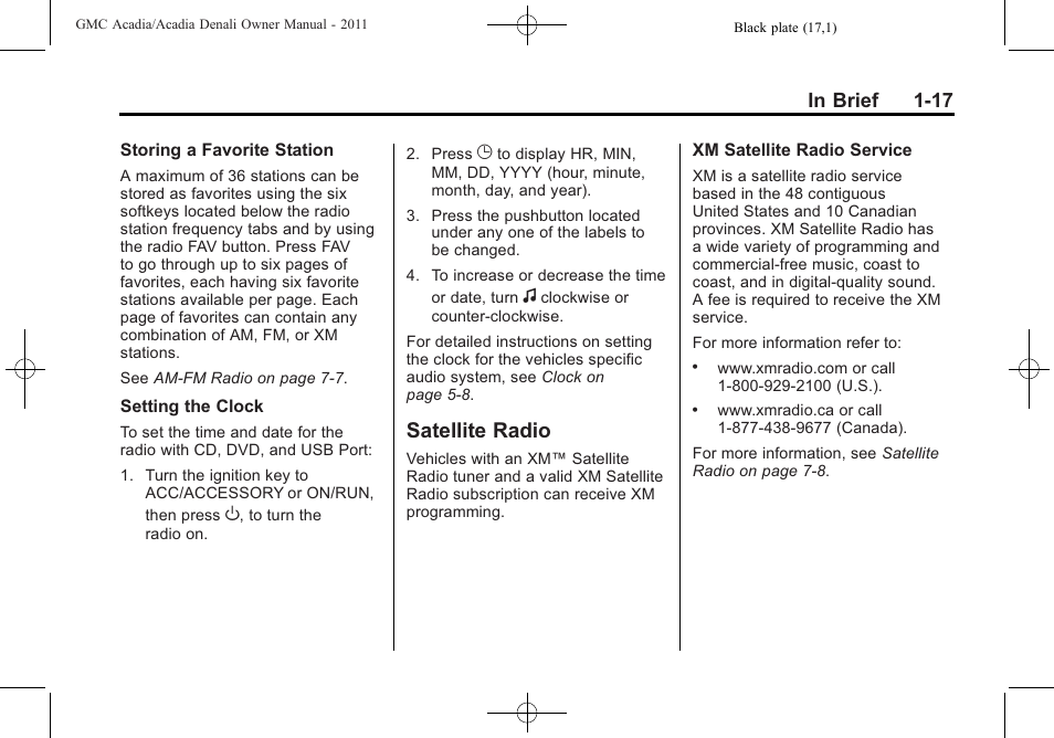 Satellite radio, Satellite radio -17 | GMC 2011 Acadia User Manual | Page 23 / 478