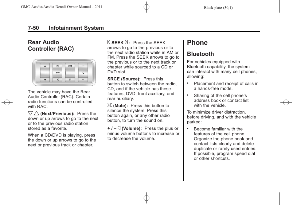 Rear audio controller (rac), Phone, Bluetooth | Phone -50, Electrical system -31, Rear audio, Controller (rac) -50, Bluetooth -50 | GMC 2011 Acadia User Manual | Page 250 / 478