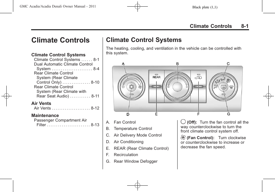 Climate controls, Climate control systems, Climate controls -1 | Systems -1 | GMC 2011 Acadia User Manual | Page 259 / 478