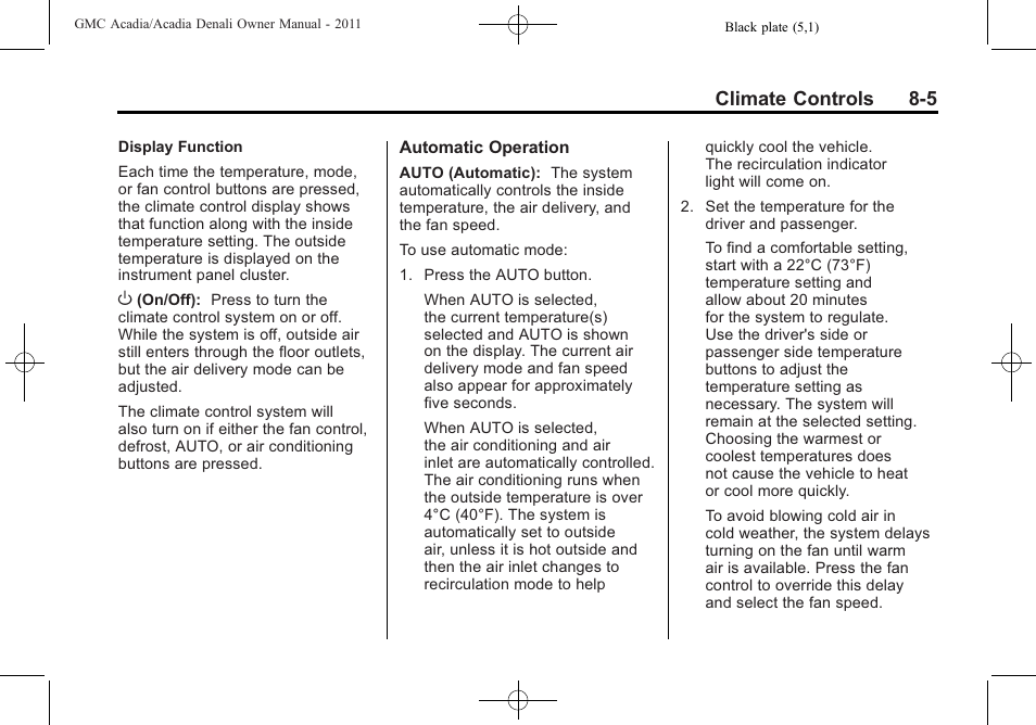 Climate controls 8-5 | GMC 2011 Acadia User Manual | Page 263 / 478