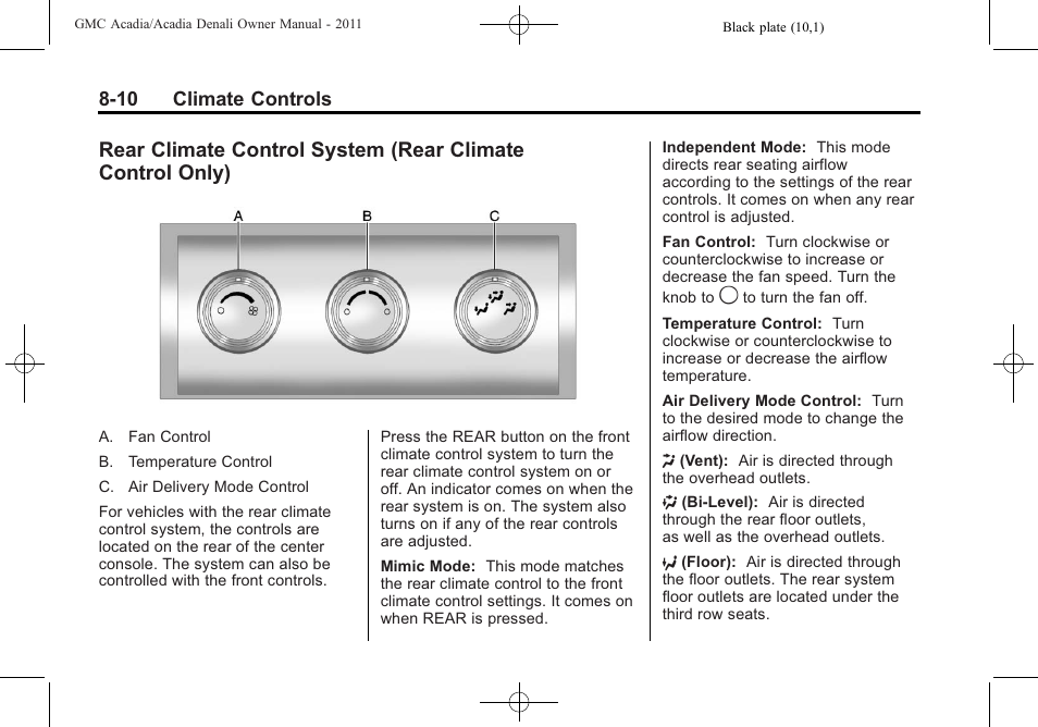 Rear climate control, System (rear climate control only) -10 | GMC 2011 Acadia User Manual | Page 268 / 478