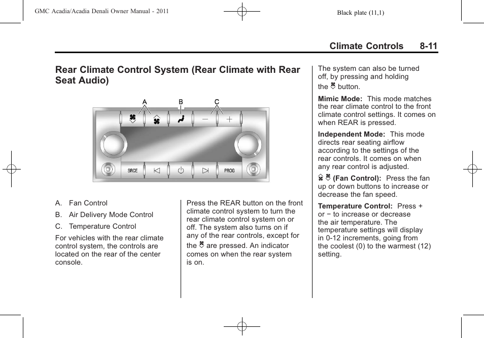 Rear climate control, System (rear climate with rear seat audio) -11 | GMC 2011 Acadia User Manual | Page 269 / 478