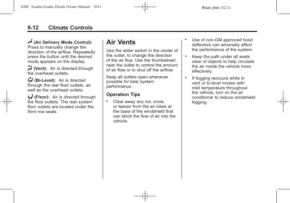 Air vents, Air vents -12, 12 climate controls | GMC 2011 Acadia User Manual | Page 270 / 478