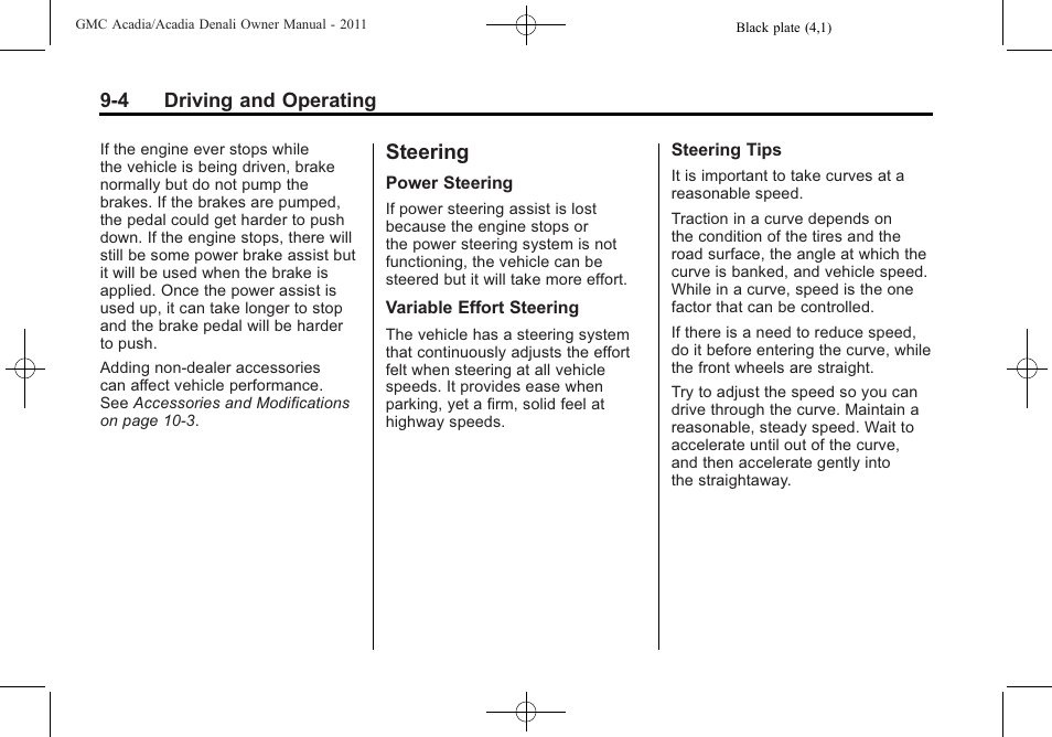 Steering, Steering -4, Automatic | GMC 2011 Acadia User Manual | Page 276 / 478