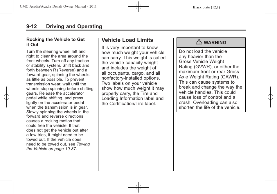 Vehicle load limits, Vehicle load limits -12 | GMC 2011 Acadia User Manual | Page 284 / 478