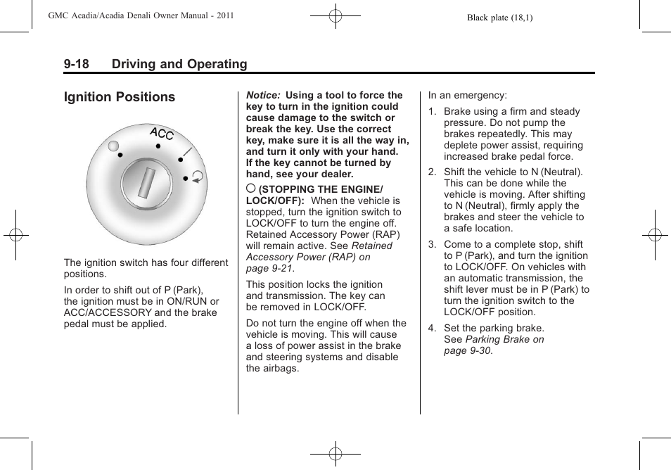 Ignition positions, Ignition positions -18 | GMC 2011 Acadia User Manual | Page 290 / 478