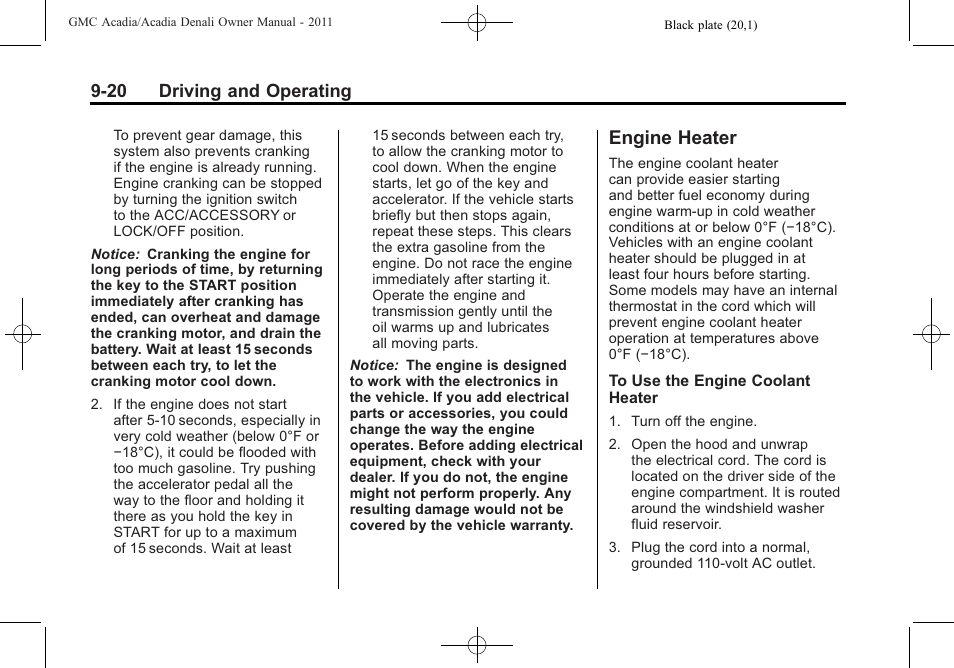 Engine heater, Engine heater -20 | GMC 2011 Acadia User Manual | Page 292 / 478