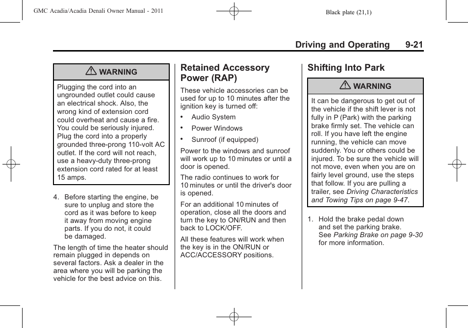 Retained accessory power (rap), Shifting into park, Retained accessory | Power (rap) -21, Shifting into park -21, Object | GMC 2011 Acadia User Manual | Page 293 / 478