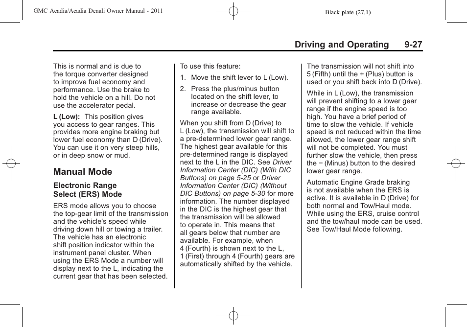 Manual mode, Manual mode -27 | GMC 2011 Acadia User Manual | Page 299 / 478