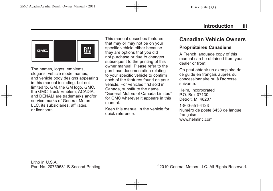 Introduction, Canadian vehicle owners, Introduction iii | GMC 2011 Acadia User Manual | Page 3 / 478