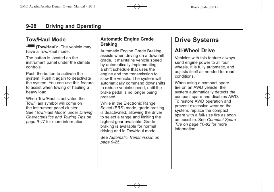 Tow/haul mode, Drive systems, All-wheel drive | Tow/haul mode -28, All-wheel drive -28 | GMC 2011 Acadia User Manual | Page 300 / 478